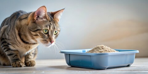 Close-up of domestic cat examining litter box , cat, pet, domestic, litter box, examining, curious, feline, kitty