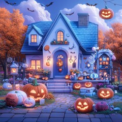 Charming Halloween house adorned with pumpkins and spooky decorations, set against an autumn backdrop with a festive atmosphere.