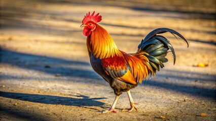 Shadow of a proud cockerel strutting across the ground, rooster, chicken, bird, shadow, silhouette, farm animal, poultry