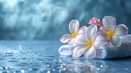 Frangipani flowers and spa treatments arranged on a blue tabletop, ideal for beauty and wellness banners (selective focus, elegance theme, realistic, Double exposure, massage room)