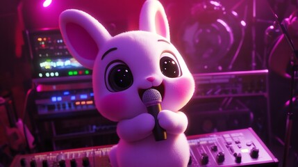 Cute Bunny Singing on Stage with a Microphone