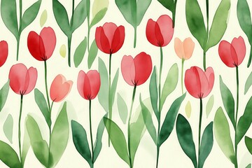 Obraz premium Watercolor tulip pattern with vibrant red flowers and lush green leaves, perfect for spring-themed designs and botanical-inspired projects.