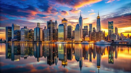 Fototapeta premium Vibrant cityscape of Manhattan at dusk, featuring towering skyscrapers, bustling streets, and neon lights reflecting off the Hudson River's calm waters.