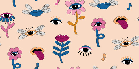 Eye lips surrealism art design background. Psychedelic flowers and insects in the form of eyes, lips. Pop art vector seamless pattern.