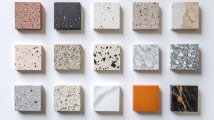 A selection of sixteen marble and granite samples laid out in a grid pattern showcasing various...