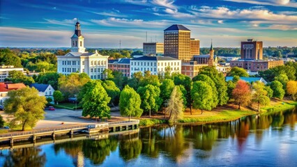 Vibrant cityscape of Monroe, Louisiana, featuring the Ouachita River, stately cypress trees, and a blend of historic and modern architecture under a bright blue sky.