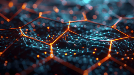 close up of a network with orange and blue lights