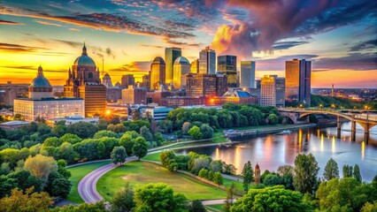 Vibrant cityscape of Saint Paul's skyline at sunset, featuring iconic landmarks, gleaming office towers, and majestic Mississippi River bridges amidst lush greenery.