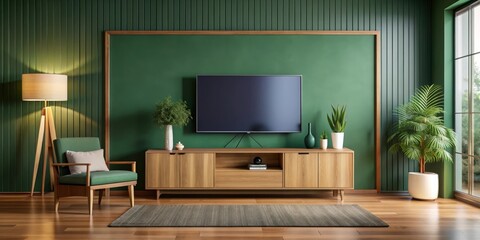 Living room with wood cabinet for TV on dark green color wall background  rendering, living room