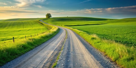 Obraz premium Side view of gravel road winding through green meadow, countryside, rural, countryside road, gravel road, meadow