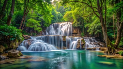 Panoramic view of a stunning deep forest waterfall in Thailand, Thailand, waterfall, deep forest, panoramic, serene