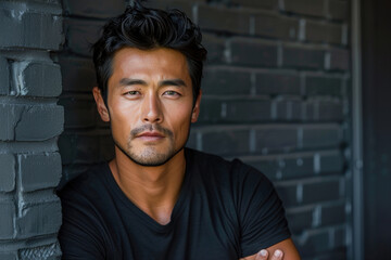 Fototapeta premium Confident man posing against brick wall in casual black shirt