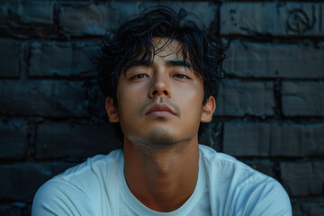Fototapeta premium Pensive man with tousled hair in front of brick wall