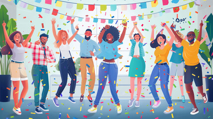 Obraz premium Diverse team celebrating with confetti in modern office, AI-generated image