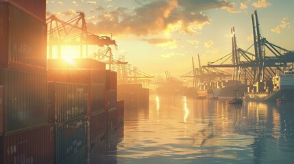 Obraz premium A vibrant modern harbor at sunrise, featuring busy cranes and colorful containers, capturing the essence of global trade and industrial efficiency in high-quality photography.