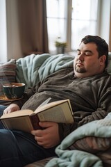 A plus-size man relaxing on a couch with a book and a cup of tea, promoting self-care and leisure. The image captures a moment of tranquility and personal time in a cozy home setting, banner copyspace