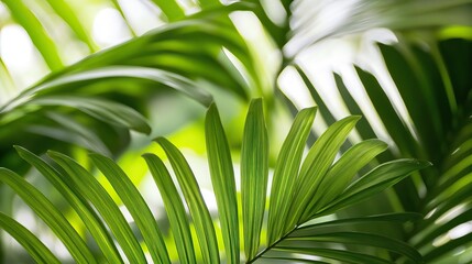 Close-up of green palm leaves with sunlight filtering through