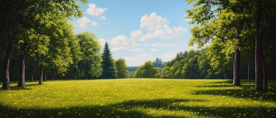 Naklejka premium A serene landscape featuring a vibrant green field surrounded by lush trees under a bright blue sky with fluffy clouds.