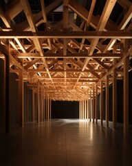 A stunning interior view of a wooden structure showcasing intricate beams and warm lighting, ideal for architecture enthusiasts.