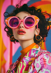 A vibrant, colorful fashion editorial featuring a model wearing bold sunglasses and oversized in shades of pink, orange, yellow, red, blue, purple, green, black, white, geometric patterns