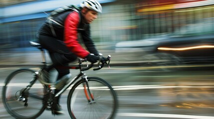 Fast-paced shot of cyclist speeding through busy city street. Rider is in sharp focus while the surroundings blur with motion, capturing energy and dynamism of urban cycling. banner healthy lifestyle