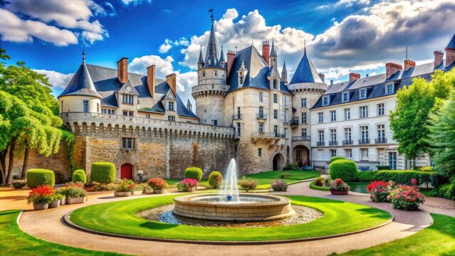 Vibrant colored buildings and quaint streets of Nantes, France, with historic castle and ornate fountain, surrounded by lush greenery and serene atmosphere.