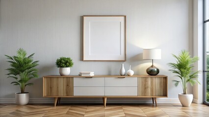 Modern living room with sleek sideboard and blank frame on a white wall, modern, living room, sideboard