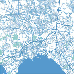 Map of Naples in Italy in blue. Contains layered vector with roads water, parks, etc.