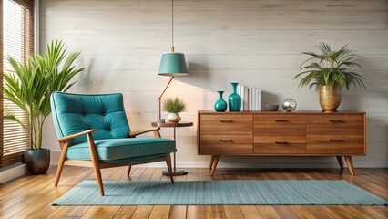 Mid Century Modern living room featuring a turquoise lounge chair and a wooden chest , Mid Century Modern, living room