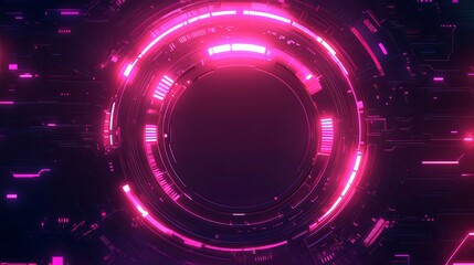 Neon pink circular design with digital patterns and glowing accents