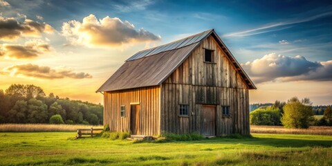 Obraz premium Rustic small wooden barn house with a pitched roof in a countryside setting, barn, wooden, small, house, rustic