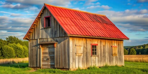 Obraz premium Rustic small wooden barn house with a red roof, barn, house, wooden, rustic, small, cozy, countryside, quaint, rural