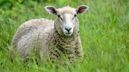 Obraz premium Sheep peeking out of green grass.