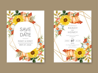 Fototapeta premium Leaf and pumpkins autumn fall wedding invitation card