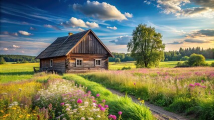 idyllic summer landscape of Polish countryside with old wooden house, fields, meadows, and flowers