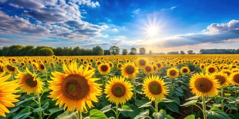 Obraz premium Beautiful summer landscape featuring fields of blooming sunflowers under a blue sky, sunflowers, summer, landscape, blooming, fields