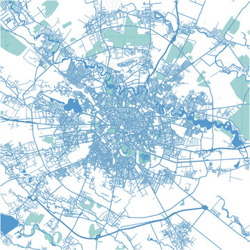 Map of Bucharest in Romania in blue. Contains layered vector with roads water, parks, etc.