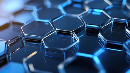 Obraz premium Blue background with abstract hexagonal patterns and light gradients symbolizing technology and modern design