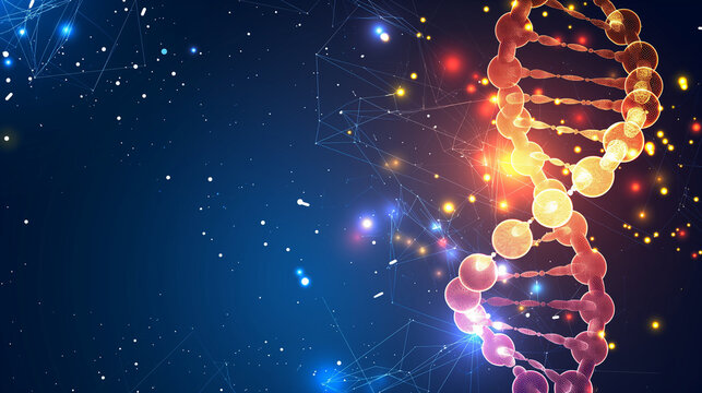 An artistic depiction of a DNA strand lit in red, surrounded by glowing particles set against a dark background, symbolizing genetic study and innovation.