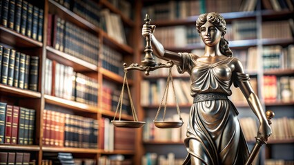 Fototapeta premium Statue of Themis holding judge gavel in law library, law, justice, Themis, statue, judge gavel, legal, scales, library, books