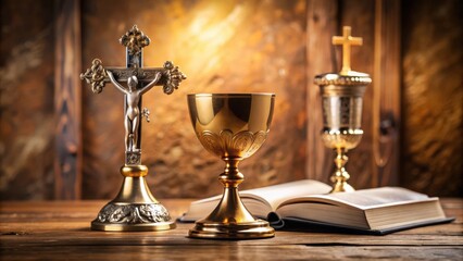 Symbolic religious items including a chalice, Bible, and altar cross , faith, religion, Christianity