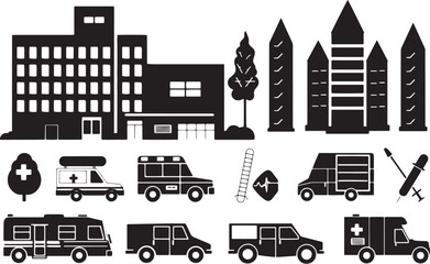 A minimalist vector icon set with a hospital building, ambulance, medical report, and blood test 