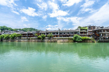 Green Water and Traditional Miao Village Architecture by the River in Fenghuang Ancient Town, Xiangxi, Hunan