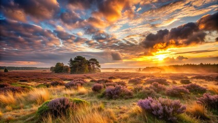 Obraz premium Cloudy sunrise casting a warm glow over wild heathland grasses and shrubs , sunrise, cloudy, heathland, grass, shrubs, warm