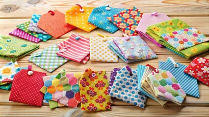 Fototapeta premium Vibrant colorful fabric scraps with sewn-on tags in various shapes and sizes, arranged artfully on a wooden table against a soft, creamy background.