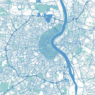 Map of Bordeaux in France in blue. Contains layered vector with roads water, parks, etc.