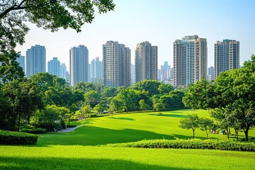 Obraz premium Sunny park with lush greenery and city skyline in background