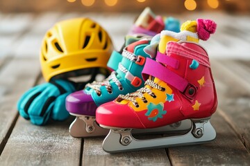 Colorful children's ice skates ready for winter fun with a helmet and warm scarf on a rustic wooden surface, illuminated by festive lights in the background
