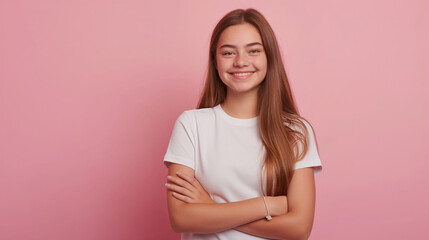 Fototapeta premium A young woman with long hair in a white shirt smiles confidently against a pink background with her arms crossed, reflecting a serene and friendly demeanor.