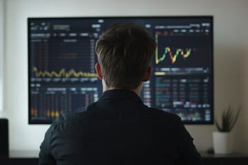 Rear view of a young man sitting in front of a monitor with stock market data with generative ai
